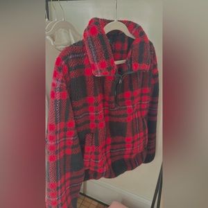 Black and red plaid half zip